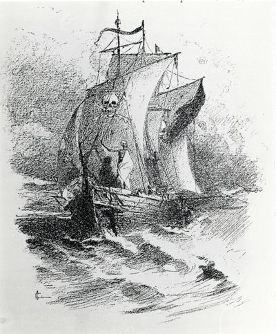 La leyenda del Barco Fantasma o el Holandés Errante: un comandante holandés que quiso tentar al destino habría sido condenado a vagar en su barco para siempre trayendo desgracia a los barcos que cruzaran su camino. Grabado del siglo XIX de Unknown artist