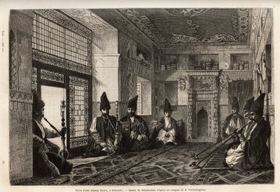 El salón de una casa rica tártara en Schusha (Transcaucasia, Rusia), donde los hombres se reúnen, sentados en alfombras para fumar la pipa y charlar. Grabado para ilustrar el viaje en las provincias del Cáucaso, por Basile Vereschaguine, en 1864-1865, publ de Unknown artist