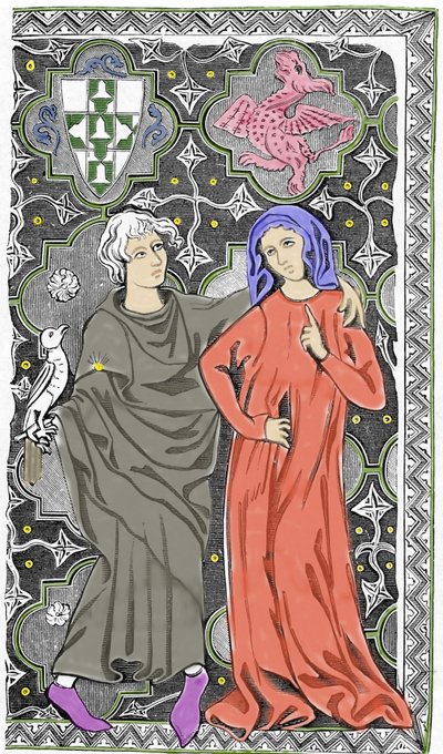 El mago Merlín el Encantador se encuentra con el hada Viviane en el bosque de Broceliande. Representación de un manuscrito de Limoges del comienzo del siglo XV. Siglo XIX. de Unknown artist