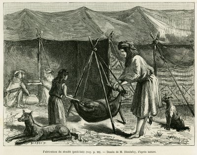 La fabricación de leche por las mujeres pastoras de la región de Karoun. Grabado para ilustrar la historia La Persia, la Caldea y la Susiana por Jane Delafoy (1851-1916), oficial de la academia, en Le tour du monde 1886, dirigido por Edouard Charton (1807- de Unknown artist