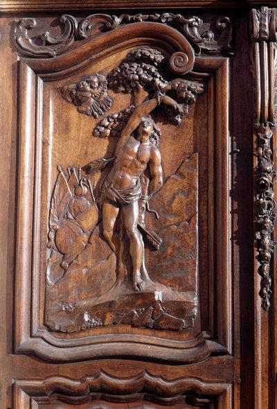El martirio de San Sebastián, detalle de la puerta de madera tallada de la iglesia de la inmaculada concepción, Menton de Unknown artist