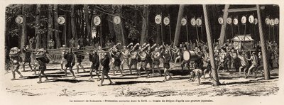 El matsouri (feria, procesión) del templo Kami en las cercanías de Yedo (o Edo, actual Tokio), el 5º día del 5º mes del año, la multitud se reúne para recolectar hierbas medicinales en el bosque y por la noche, los sacerdotes organizan una de Unknown artist
