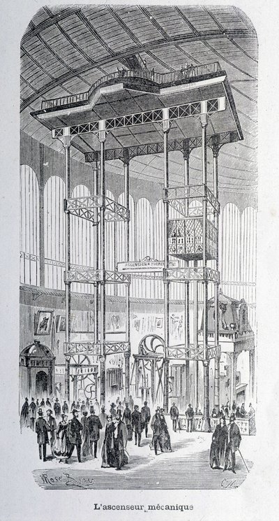 El elevador mecánico del ingeniero Edoux en la exposición mundial de 1867 - grabado de Unknown artist