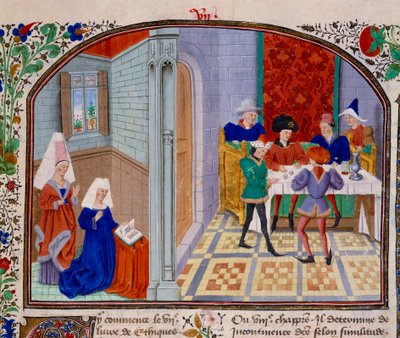 El juego en miniatura del manuscrito “Comentario sobre la Ética” del filósofo griego Aristóteles (383-322 a.C.) traducido por Nicolás Oresme (1325-1382) de Unknown artist