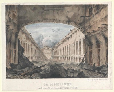 El odeón de Viena tras el incendio del 28. Octubre de 1848 (litografía coloreada) de Unknown artist
