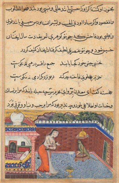 El loro se dirige a Khujasta al comienzo de la trigésima primera noche, de un Tuti-nama (Cuentos de un Loro) de Unknown artist
