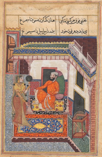 El loro se ríe al escuchar a la esposa del Raja de Ujjain admirar su belleza en un espejo, de un Tuti-nama (Cuentos de un Loro): Noche Cuarenta y Seis de Unknown artist