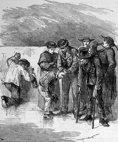 Los peregrinos bebiendo el agua milagrosa de Lourdes en los Altos Pirineos donde la Virgen se apareció a Bernadette Soubirous en 1858, lugar actual de peregrinación. Grabado de 1877 de Unknown artist