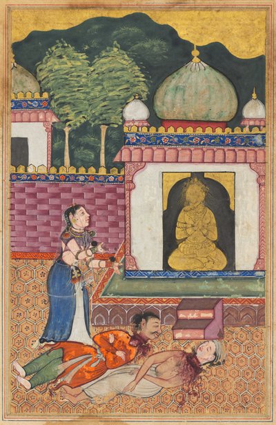 La princesa descubre los cuerpos muertos, con las cabezas cortadas, de su esposo y su amigo Brahmán, de un Tuti-nama (Cuentos de un loro): Trigésima cuarta noche de Unknown artist