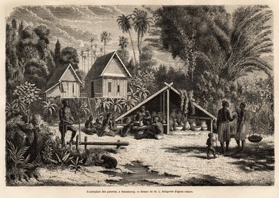 La producción de cerámica en Saniaboury (Laos). Grabado para ilustrar el viaje de exploración en Indochina, por Francis Garnier, teniente de Vaissseau, en 1866-1868, publicado en "Le tour du monde" 1870-1871, editado por Edouard Charton, edición Hachette de Unknown artist