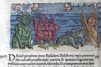 El profeta Daniel ve monstruos aparecer: Haniel, Kafziel, Azriel, Aniel. Grabado del “Libro de Prodigiorum ac ostentorum Chronicon Basileae” de Wolfhart (Conrad Lycosthene) 1557 de Unknown artist