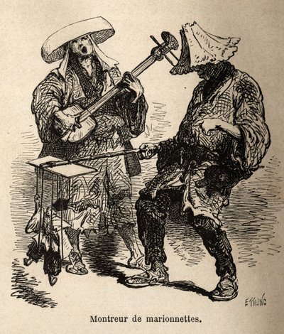El espectáculo de marionetas y el músico que lo acompaña para el entretenimiento callejero. Grabado para ilustrar el viaje a Japón, por Aime Humbert, ministro de la Confederación Suiza, en 1863-1864, publicado en “Le tour du monde”, bajo la dirección de Ed de Unknown artist