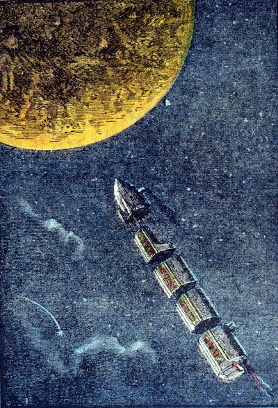 El cohete lanzado al espacio llegando a la luna - grabado en “De la Tierra a la Luna” de Julio Verne de Unknown artist