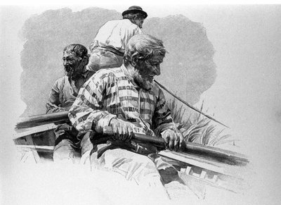 Los remeros en un bote en el río Anapo en Sicilia. de Unknown artist