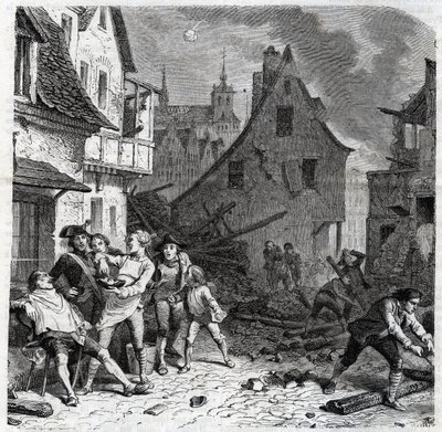 El plato de afeitar de Lille. Un episodio del asedio de Lille en 1792 durante las Guerras Revolucionarias Francesas - Le siège de Lille en octobre 1792 - Révolution française - Bombardement par les Autrichiens et les Prussiens - Le barbier utilise une demi de Unknown artist