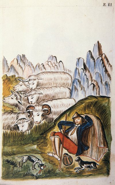 El pastor y su rebaño de ovejas, del libro "Trujillo del Perú" o "Códice Martínez Compañón", por Baltazar Martínez Compañón y Bujanda, obispo de Trujillo (1782-1785) de Unknown artist