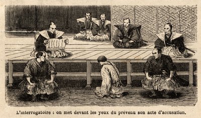Las etapas de la justicia: interrogatorio, lectura de la acusación al acusado, que se encuentra frente a sus jueces, de rodillas, con el cuello sostenido por una cuerda sostenida por un guardia. Grabado para ilustrar el viaje a Japón, en 1863-1864, por Aim de Unknown artist