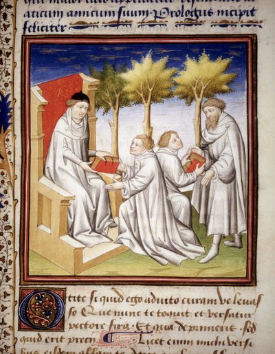 La transmisión del conocimiento a la generación más joven. Manuscrito "De Senectute" de Cicerón. 1401. de Unknown artist