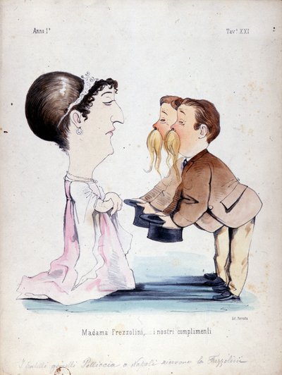 Los hermanos gemelos Pelliccia recibieron a Erminia Frezzolini, la soprano italiana (1818-1884). Caricatura del siglo XIX de Unknown artist