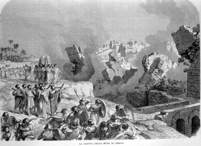 Las murallas de Jericó colapsaron al sonido de las trompetas de Oseas, lo que permitió a los hebreos apoderarse de ellas. Libro de Josué. Grabado del siglo XIX. de Unknown artist