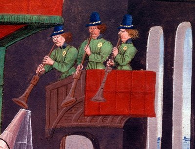 El banquete de bodas de Clarisse, hija del rey Yvon de Gascuña y Renaud. Detalle que representa a los trompetistas. Miniatura del manuscrito Renaud de Montauban o Los cuatro hijos de Aymon de Loyset Liedet de Unknown artist