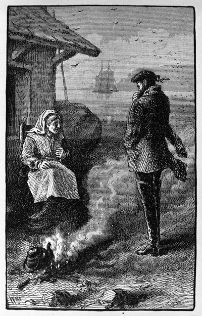 La bruja Bessie Millie, que vive en la isla de Pomona (Orkney), vende bolsas de vientos favorables a los marineros. Ilustración de la historia de Walter Scott de 1814. Grabado del siglo XIX de Unknown artist