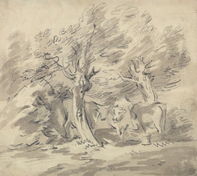 Tres vacas de pie bajo un grupo de árboles de Unknown artist