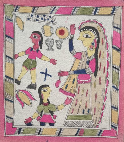 Tres figuras: mujer con dos niños jugando a la pelota de Unknown artist