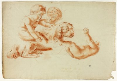 Tres Putti jugando con un perro de Unknown artist