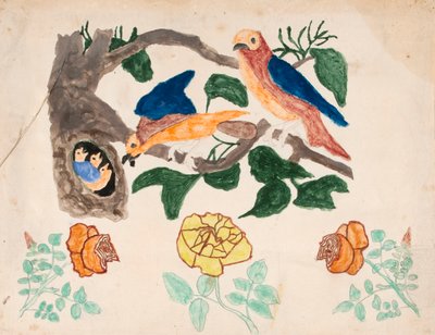 Tres rosas y familia de pájaros de Unknown artist