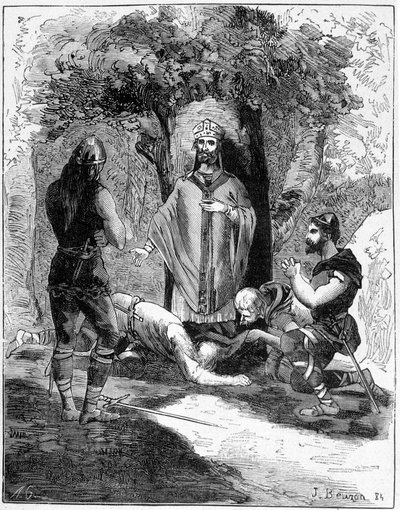 Tres de los verdugos de San Leger (616-677) se arrojaron a sus pies para pedir perdón. Grabado del siglo XIX. de Unknown artist