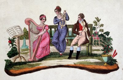 Tres personas tocando instrumentos musicales en un jardín: arpa, lira, viola. Aguafuerte del siglo XVIII. de Unknown artist