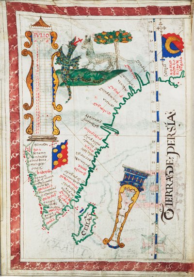 Tierra de Persia", escala: aproximadamente 1:13 500 000, con otros lugares del sur de la India y Sri Lanka, c.1550-60 (vitela) de Unknown artist