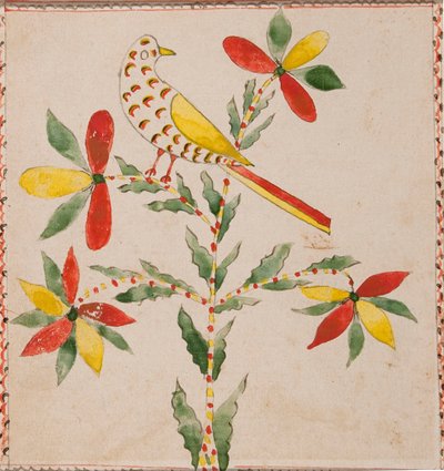 Pequeño pájaro amarillo y rojo en ramita floreciente de Unknown artist