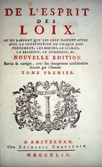 Página de título de “El espíritu de las leyes” de Charles Louis de Secondat, Barón de La Brède y de Montesquieu (1689-1755). Edición de Ámsterdam 1749. de Unknown artist