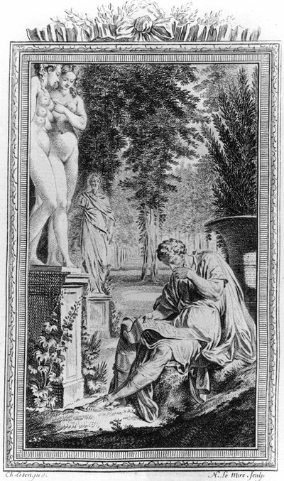 Tito Lucrecio Caro (Lucrecio) filósofo y poeta romano en "De Rerum natura", Grabado del siglo XVIII. de Unknown artist