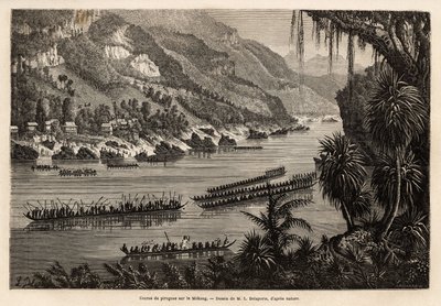 Carrera tradicional de canoas en el río Mekong. Grabado para ilustrar el viaje de exploración en Indochina, por Fran de Unknown artist
