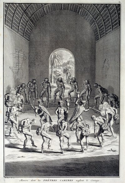 Danza tradicional: Ritos en la danza de coraje de los caribes, Antillas (América Central). Grabado del siglo XVIII. Chartres, Museo de Bellas Artes de Unknown artist