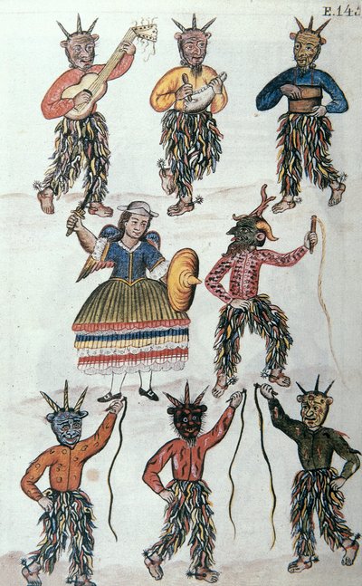 Danza tradicional de los Diablicos en Perú, del libro "Trujillo del Perú" o "Códice Martínez Compañón", por Baltazar Martínez Compañón y Bujanda, obispo de Trujillo (1782-1785) de Unknown artist