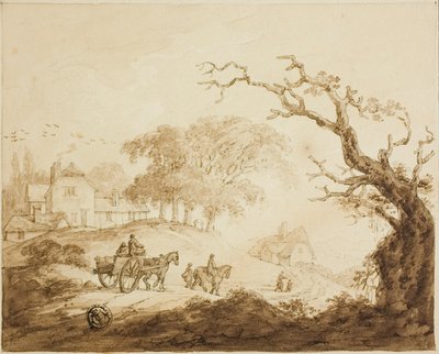 Viajeros con Caballos y Carro en un Camino Pasando Casas de Unknown artist