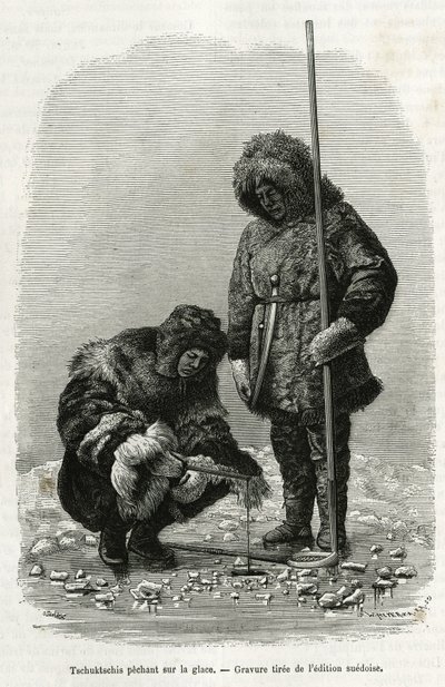 Tschuktschis pescando en el hielo en la Bahía de Koljutschin (círculo polar). Grabado de la edición sueca, para ilustrar la historia “Viaje de la Vega alrededor de Asia y Europa”, por Nils Adolf Erik (Eric) Barón Nordenskjold (Nordenskiold) (1832-1901), en de Unknown artist