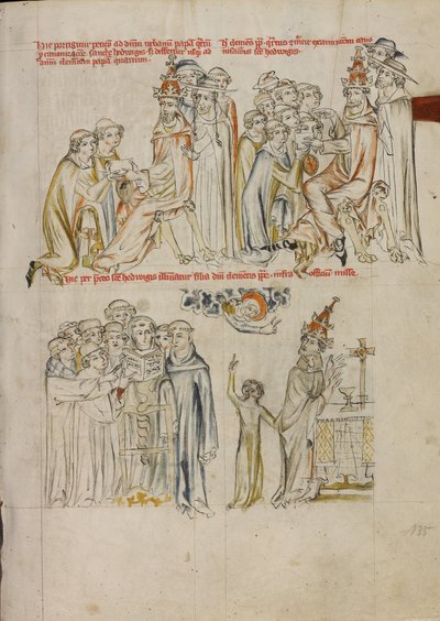 Dos clérigos solicitan la canonización de Santa Eduviges ante el Papa Urbano IV; el Papa Clemente solicita la intercesión de Santa Eduviges para curar a su hija ciega. de Unknown artist