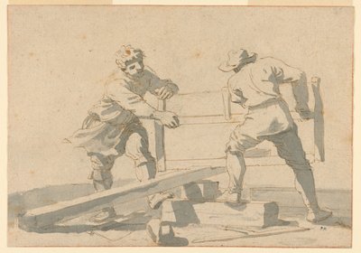 Dos hombres aserrando una tabla de Unknown artist