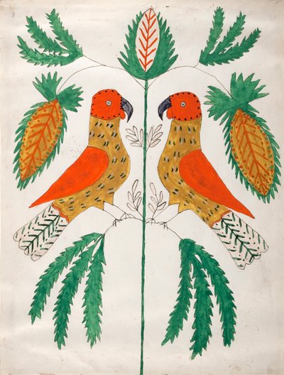 Dos loros rojos y amarillos uno frente al otro (hojas verdes) de Unknown artist