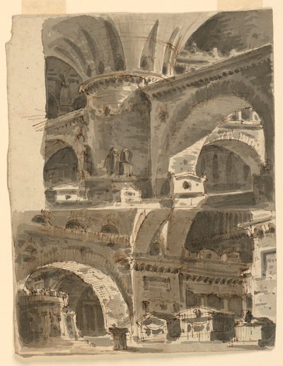 Dos diseños de escenario, interiores de edificios antiguos de Unknown artist