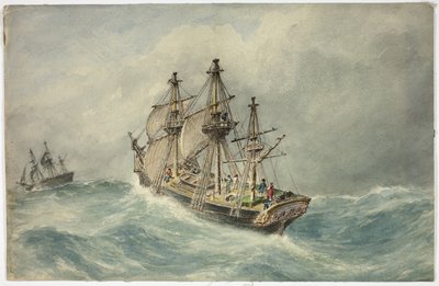 Dos barcos de tres mástiles en mar tormentoso de Unknown artist