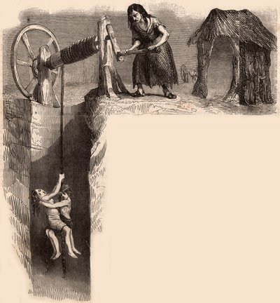 Dos niños exhaustos sacados de una mina de carbón inglesa por una mujer con un cabrestante (grabado) de Unknown artist