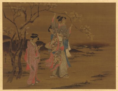 Dos chicas y un hombre bajo un cerezo de Unknown artist