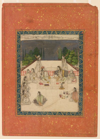 Dos mujeres sentadas en una terraza, rodeadas de asistentes y músicos de Unknown artist