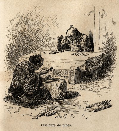 Dos trabajadores, cada uno con un martillo y un punzón, están tallando tubos de metal en su taller. Grabado para ilustrar el viaje a Japón, por Aime Humbert, ministro de la Confederación Suiza, en 1863-1864, publicado en “Le tour du monde, nouveau journal  de Unknown artist
